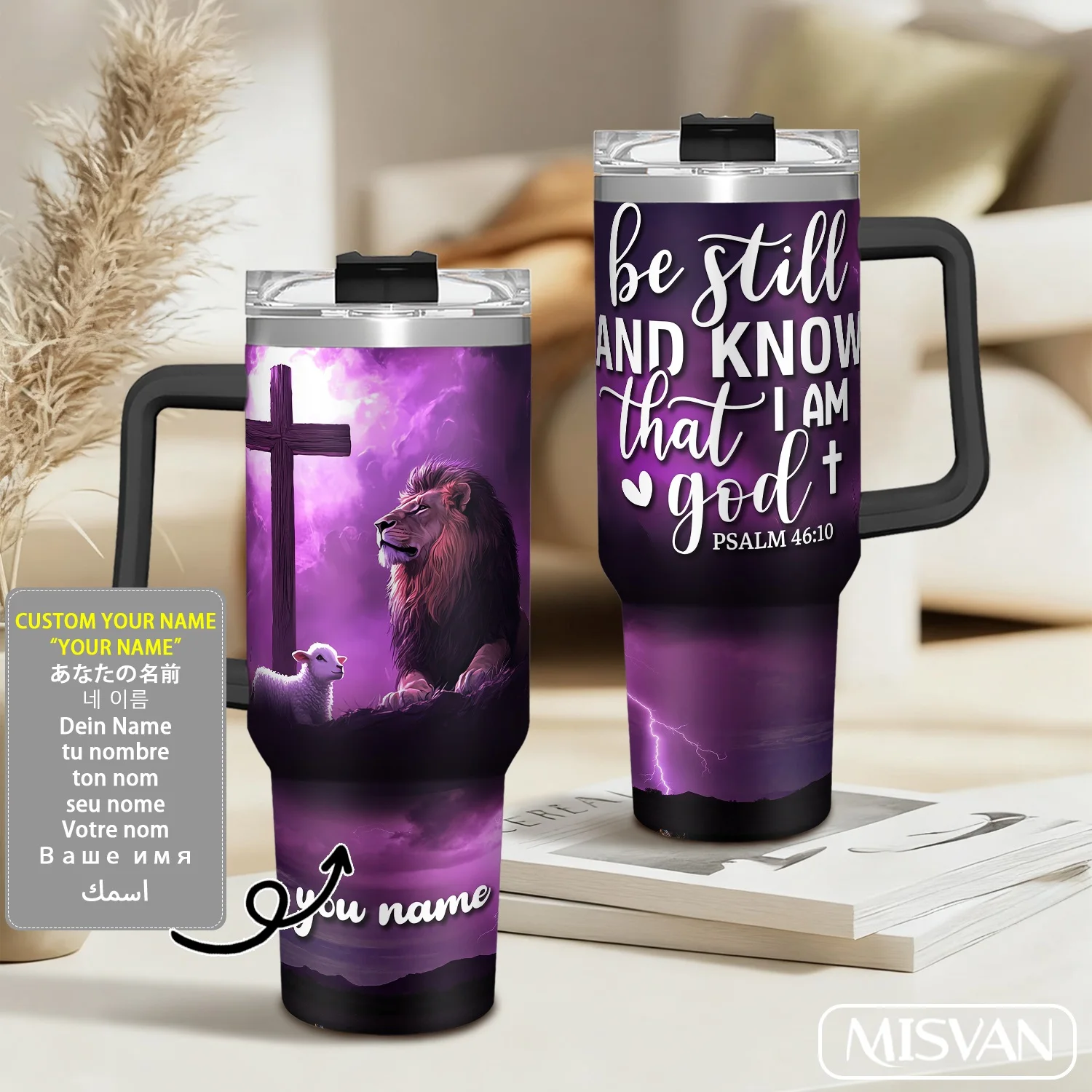 

1PC,40oz Custom Name,Cross Lion Lamb Bible Verse.Insulated Stainless Steel Cup.Large Capacity,Portable for Car,Personalized Gift