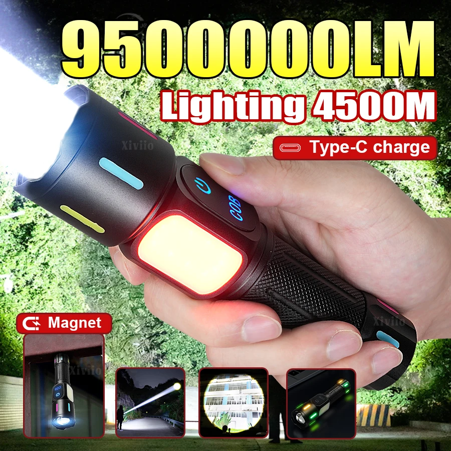 

Супермощный фонарь 9500000LM, COB, высокомощный, перезаряжаемый, магнитный, светодиодный, тактический, рабочий, водонепроницаемый, с зумом, для кемпинга и рыбалки