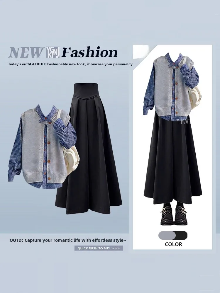 

2026 Spring Plaid Shirt And Knitted Vest Skirt Set Women's Fashion Loose Feelings Layering Two-Piece Ensemble High Waist Long...