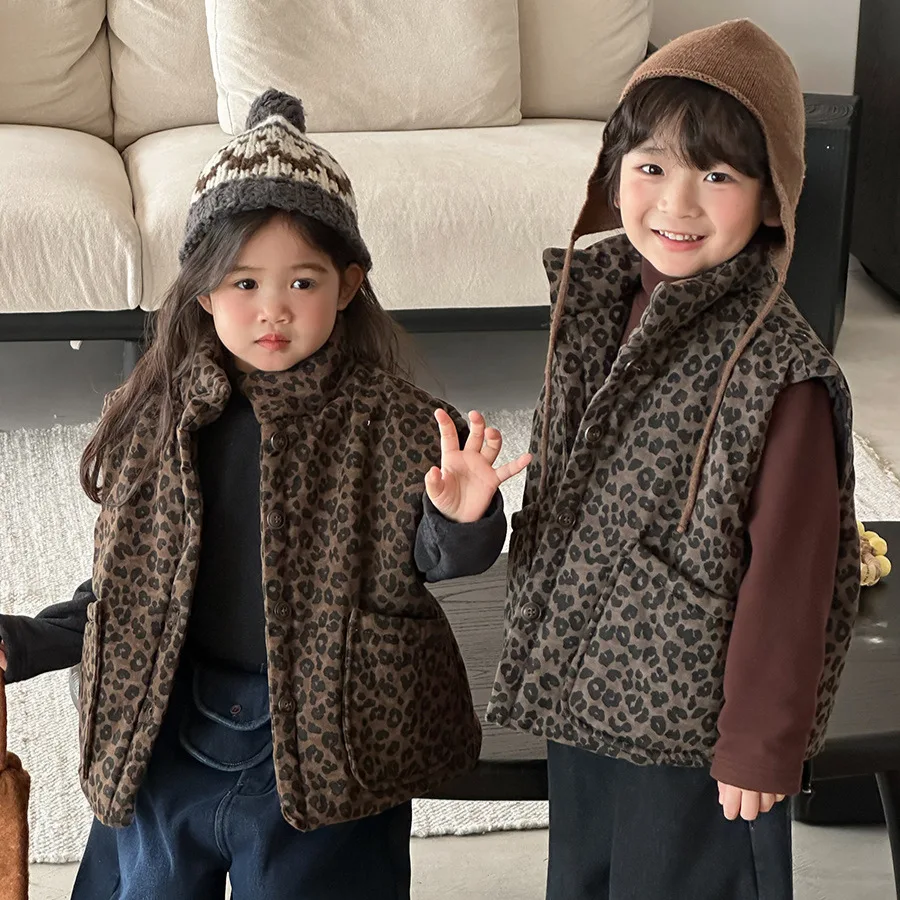 

Kids Clothes Winter Vests Winter Leopard Print Loose and Thick Coat Casual Fashion Trend Vests Baby Boys and Girls Warm Outwear