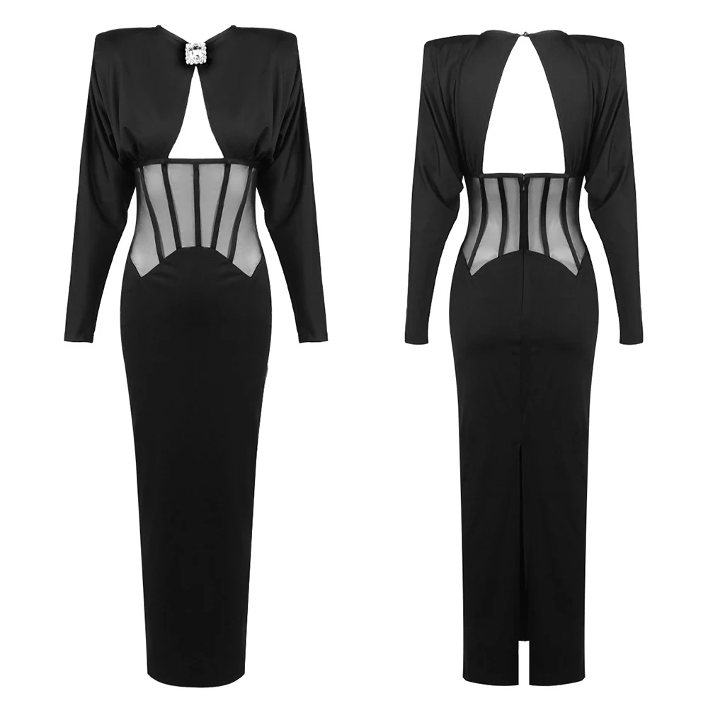 Abito aderente in rete trasparente senza schienale a maniche lunghe scavato alla moda, abiti lunghi da cocktail per feste di compleanno con strass