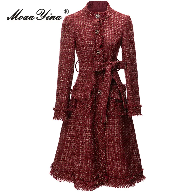 

MoaaYina Winter Fashion Designer Vintage Casual Blends Coat Women's Stand Collar Single Breasted Frenulum Slim Long Blends Coat
