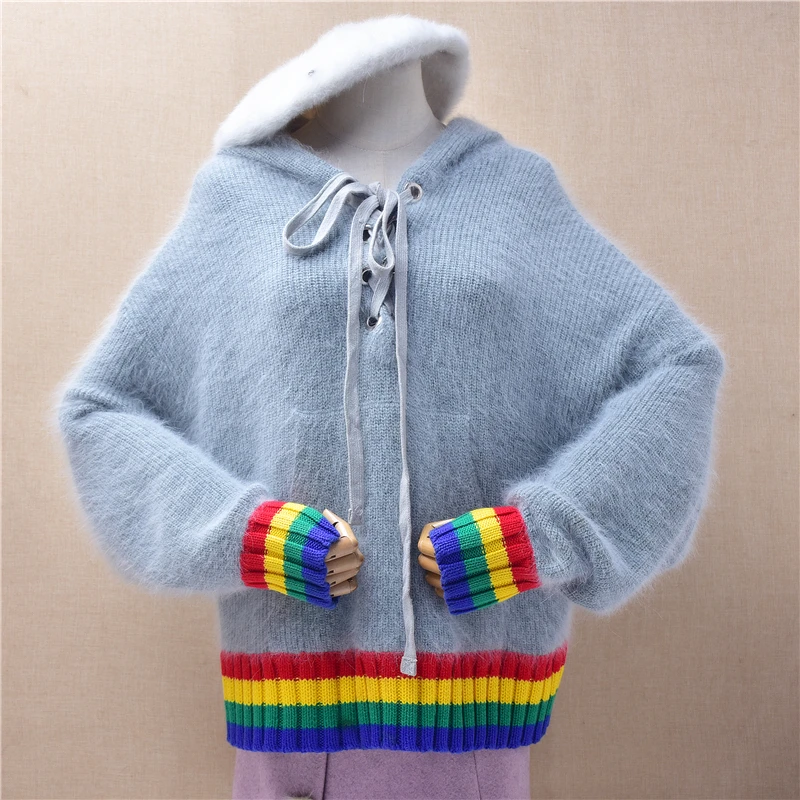 

Ladies Women Fall Winter Fashion Hairy Angora Rabbit Hair Tied Hooded Long Sleeves Loose Pullover Mink Fur Sweater Jumper Pull
