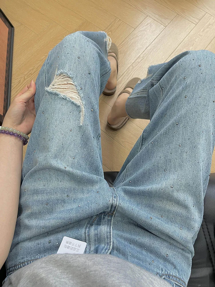 Fashion Rhinestone Ripped Hole Cropped Pants Women Korean Style Retro High Waist Slim Straight Jeans New Casual Cigarette Pants