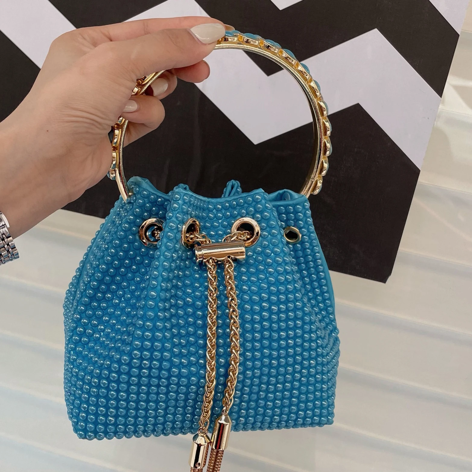 2024 New Handbag Handmade Diamond Ceramic Beads Bucket Bag Metal Sequined Tassel Shiny Candy Color Portable Messenger Bag Women