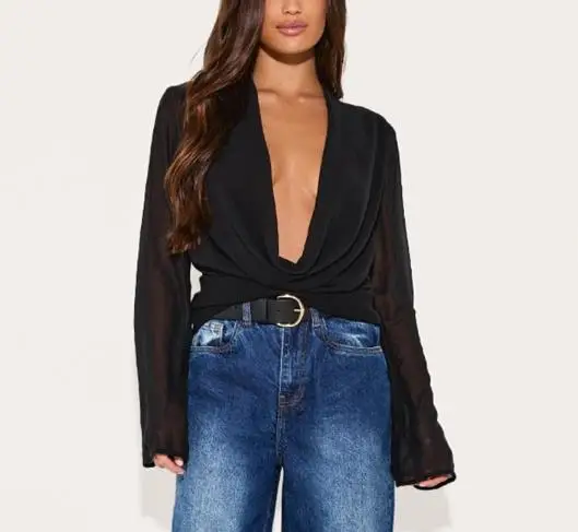 

Women's Top Summer New Fashion Y2K Sexy Style Solid Color Simple Perspective Mesh Deep V-Neck Design Long Sleeved Slim Fit Top