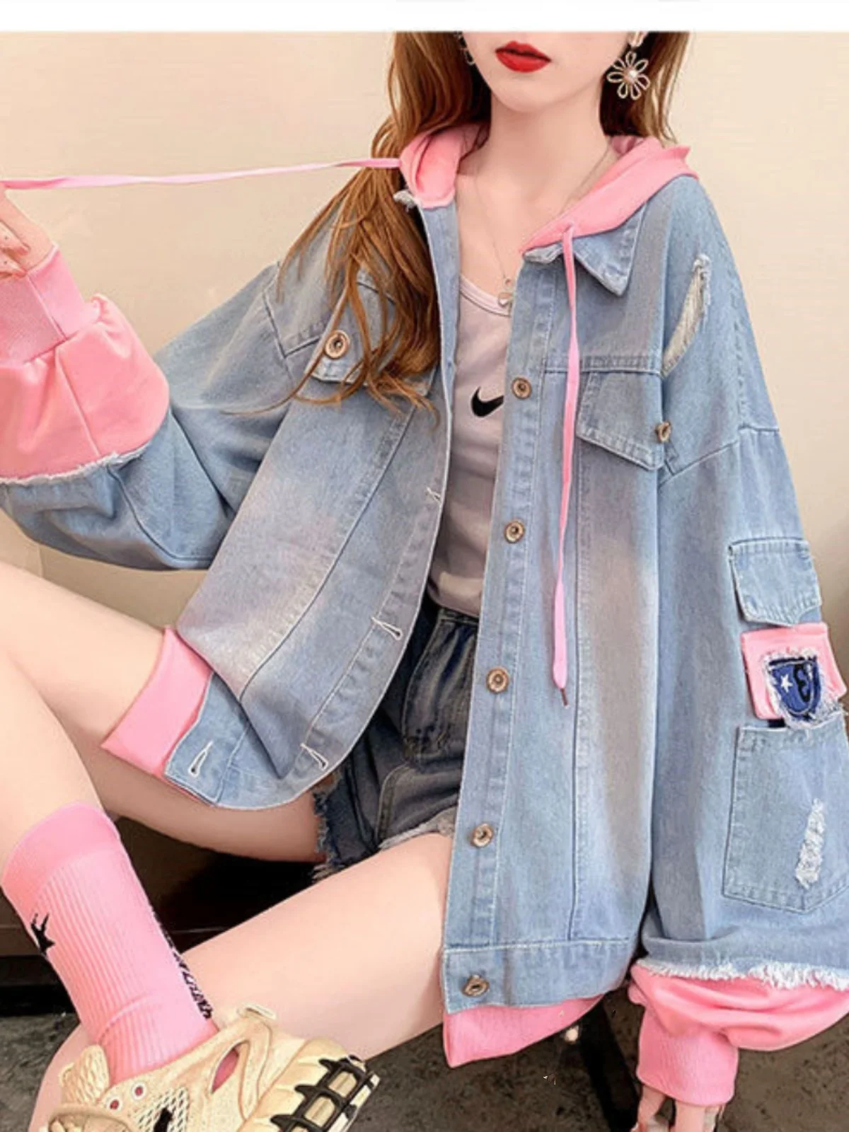 Retro Denim ort Jaet Women's Spring Autumn New Loose Casual Hooded Coat High Street Sle Long Sve Button Closure