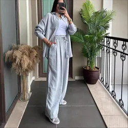 Ramadan Turkey Two Piece Set Casual Summer Suits Women Lace Up Single Breasted Shirt Straight Pants Outfits Morocco Ensembles