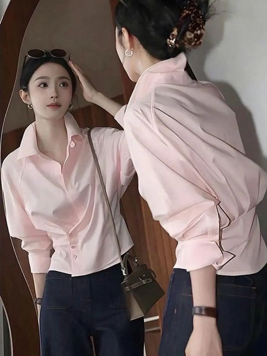 

Элегантная розовая женская рубашка приталенного кроя для офиса, модный универсальный топ с эффектом стройности, на пуговицах, с длинным рукавом, в французском стиле