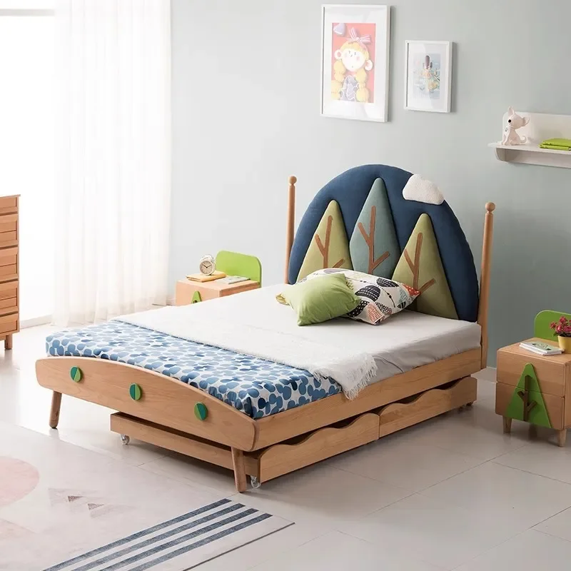 Solid wood children's bed, soft bag bed, teenager 1.5 meters with pumping bed multi-function