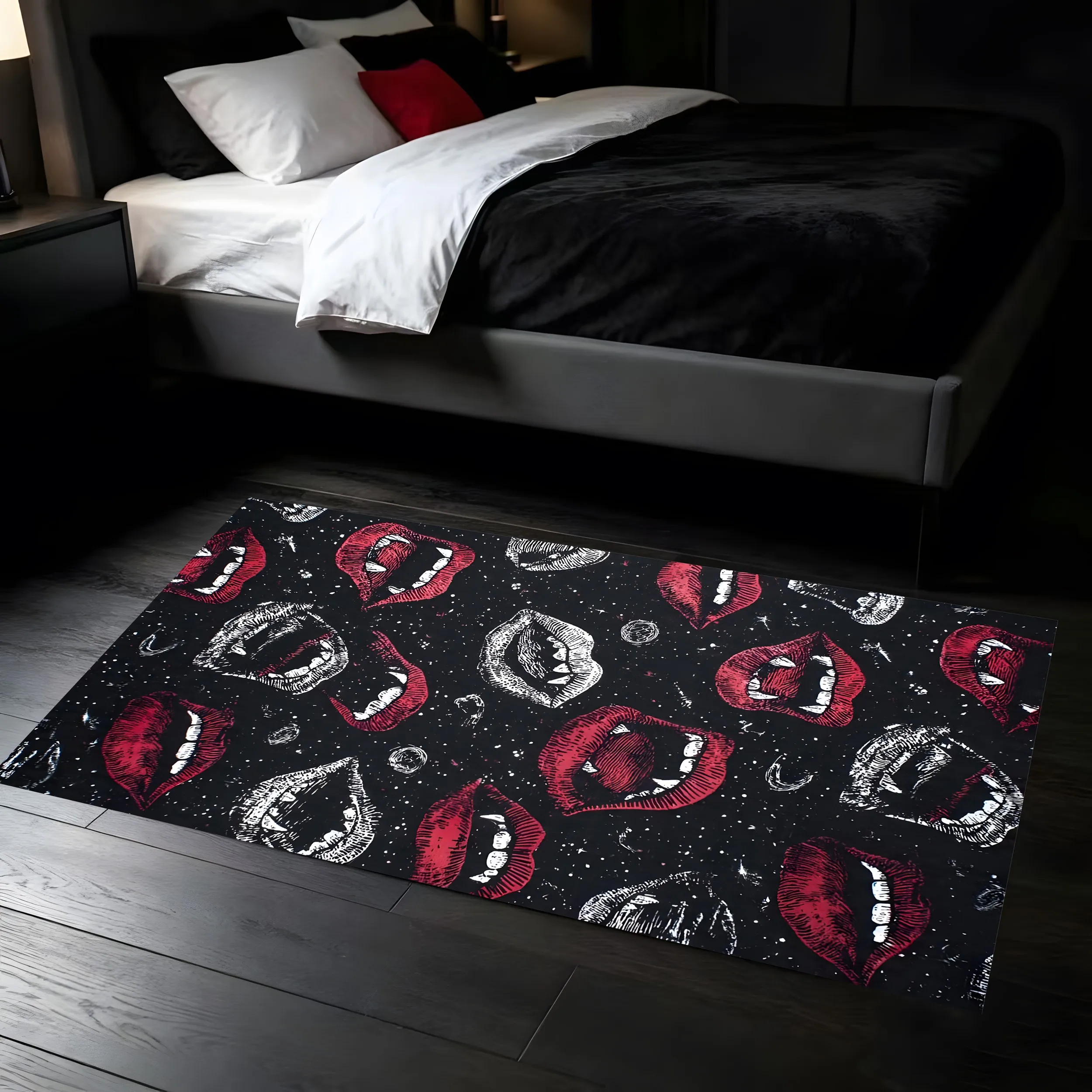Fangs Lips Print Dark Gothic Halloween Velvet Rug for Entryway Bedroom Living Room Trendy Eye-Catching Decor