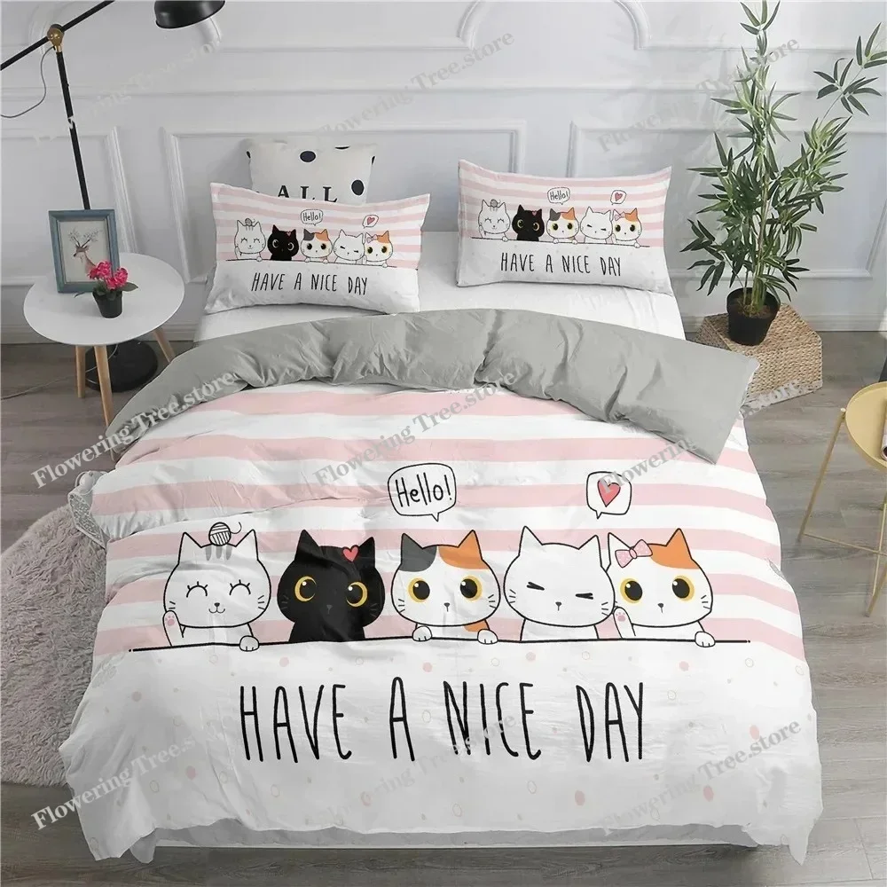 

Cartoon Bedding Set Cute Cats Printed 3D Duvet Cover Set Twin Full Queen King Double Sizes Pillowcase Bedclothes Soft Polyester