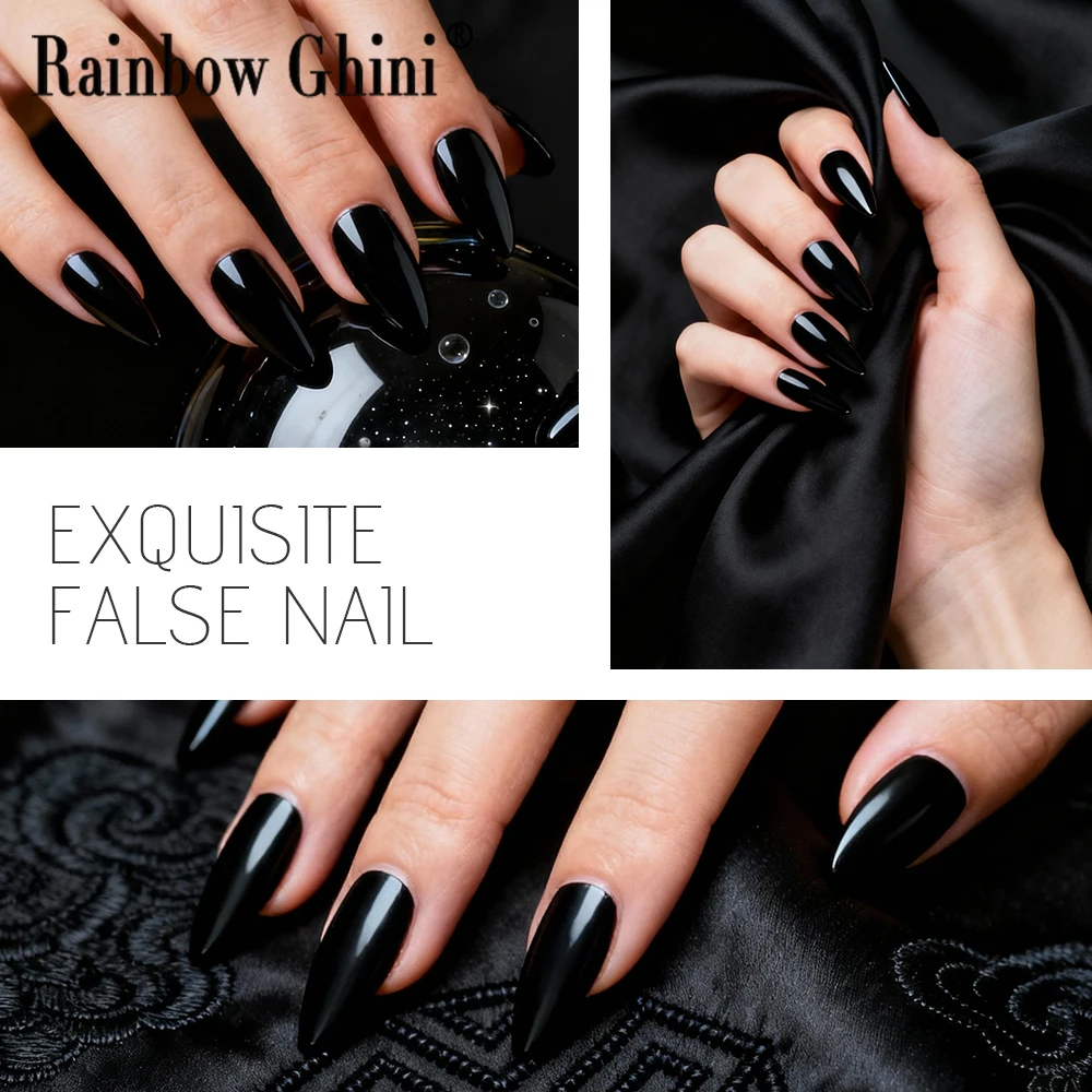 24 قطعة/الوحدة تصميم بسيط الصحافة على خنجر الأظافر الصلبة الأسود نصائح الصناعية Cutecore القوطية نمط الحد الأدنى لتقوم بها بنفسك مسمار نصائح