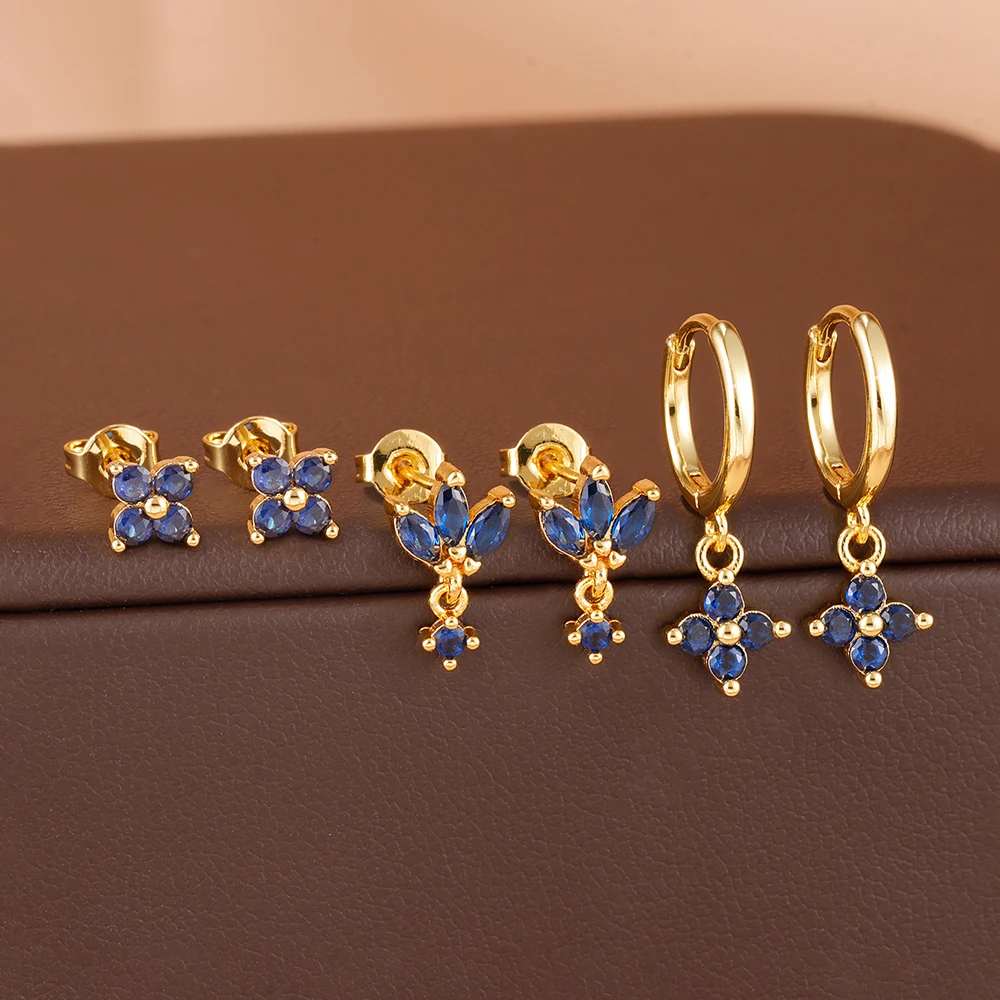 3-teiliges/6-teiliges exquisites Edelstahl-Ohrring-Set mit dunkelblauem CZ-Kleeblatt für Damen, Blumen-Ohrstecker, Schmuckgeschenke