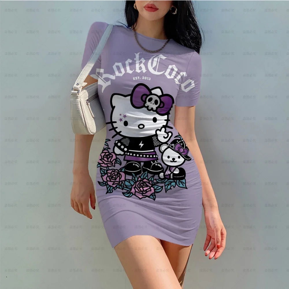 Hello Kitty Mini Dresses for Women Short Sleeve O Neck Dress Sexy Ladies Night Club Wear Slim Cartoon Dresses Black