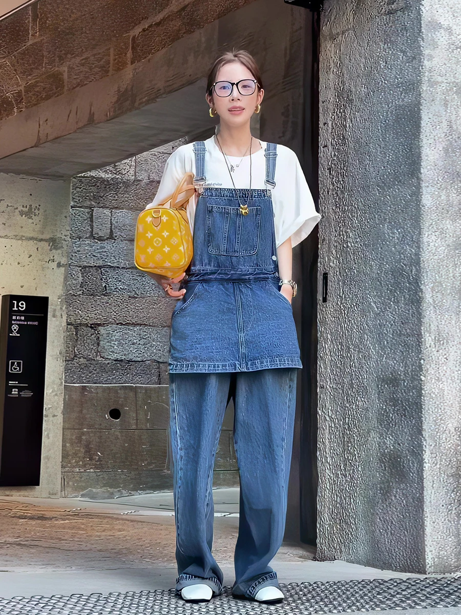 

Spring 2026 Retro Hong Kong Style Casual Women's Denim Overalls High Waist Wide Leg Pants Polyester Fiber plus Size Trousers