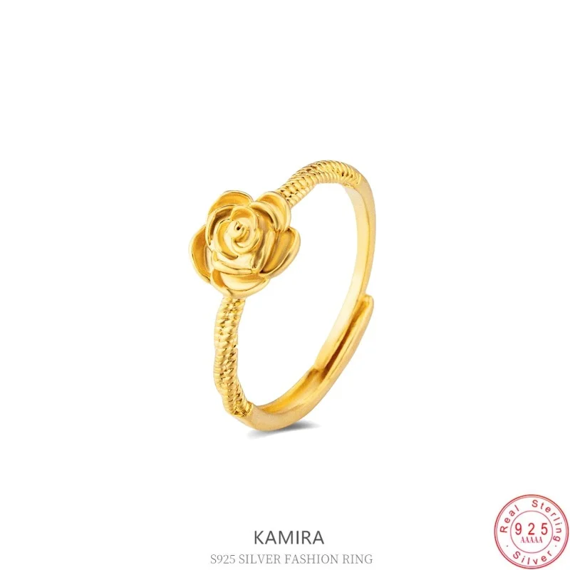 KAMIRA Real 925 Sterling Silver Luxury Rose Flower Ring for Women Wedding Jewelry Elegant Charm Three Dimensional Design Jewelry