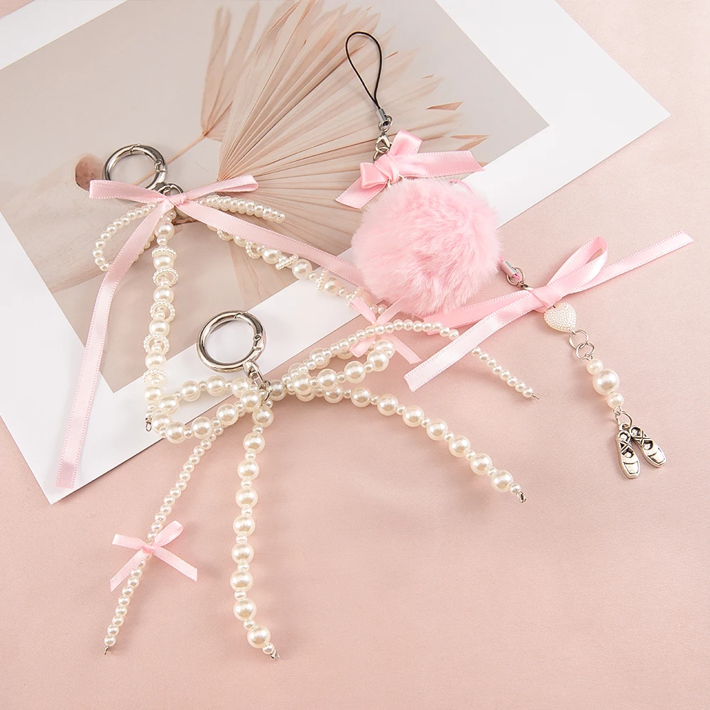 1Pc Keychain Imitation Pearl Bowknot Heart Kawaii Bag Chain Cute Accessory for Jewelry Making DIY Handmade Supplies Accessories