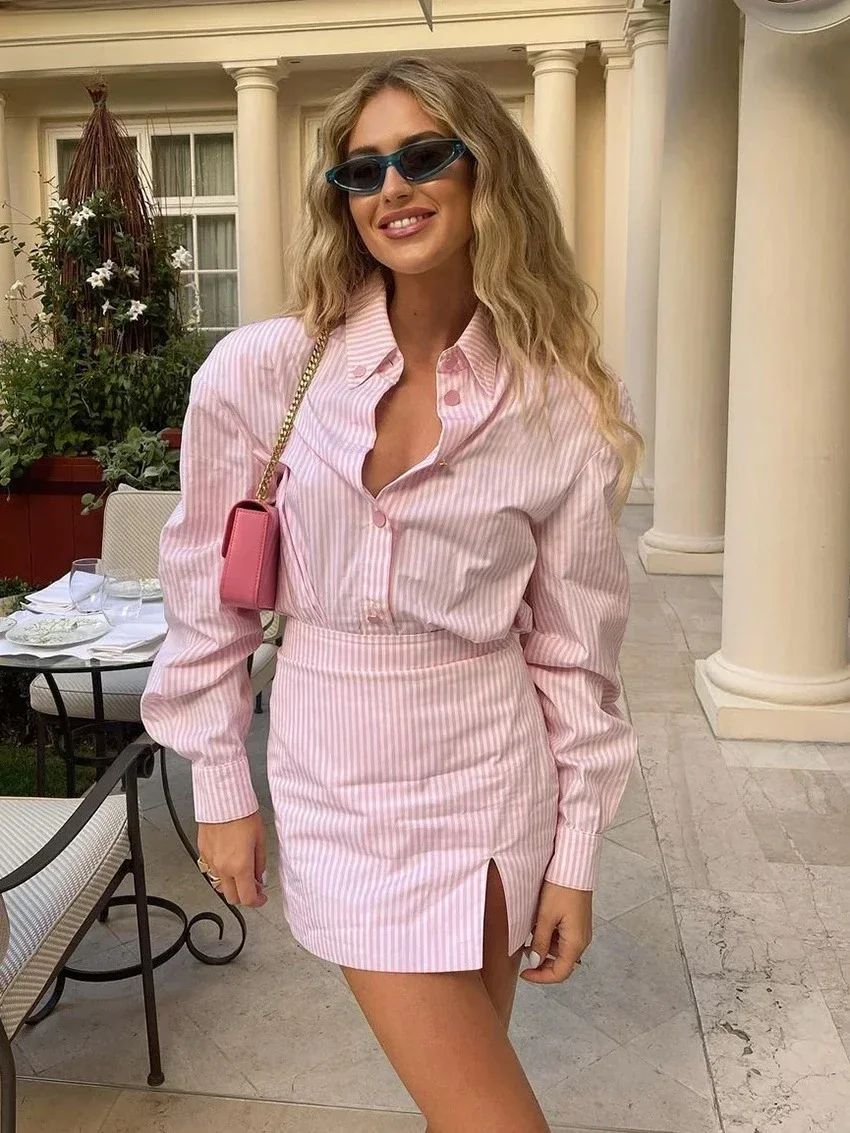 

Fashion Pink Stripe Two Piece Sets Womens Outifits Autumn Sexy Long Sleeve Shirts Matching High Waist Mini Skirt Sets