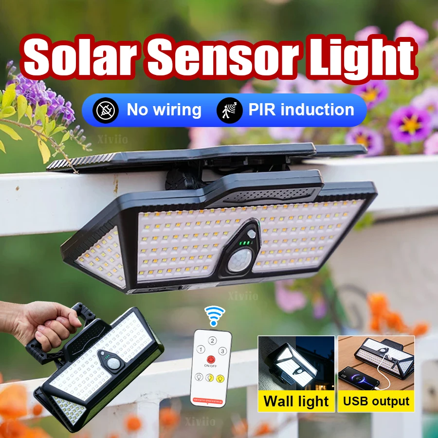 New Solar LED Light PIR Motion Detector Control USB Output Waterproof Handheld Portable Outdoor Wall Light Patio Farm Camping