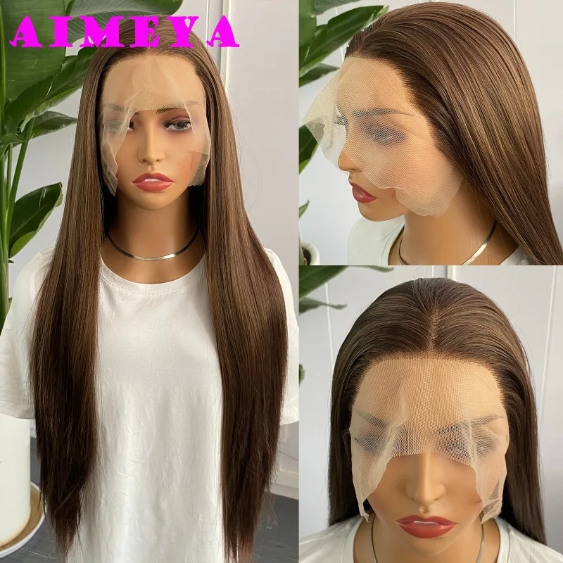 AIMEYA Mix Brown Lace Front Wig Long Silky Straight Synthetic Lace Hair Heat Resistant Natural Hairline Daily Use Cosplay Wigs