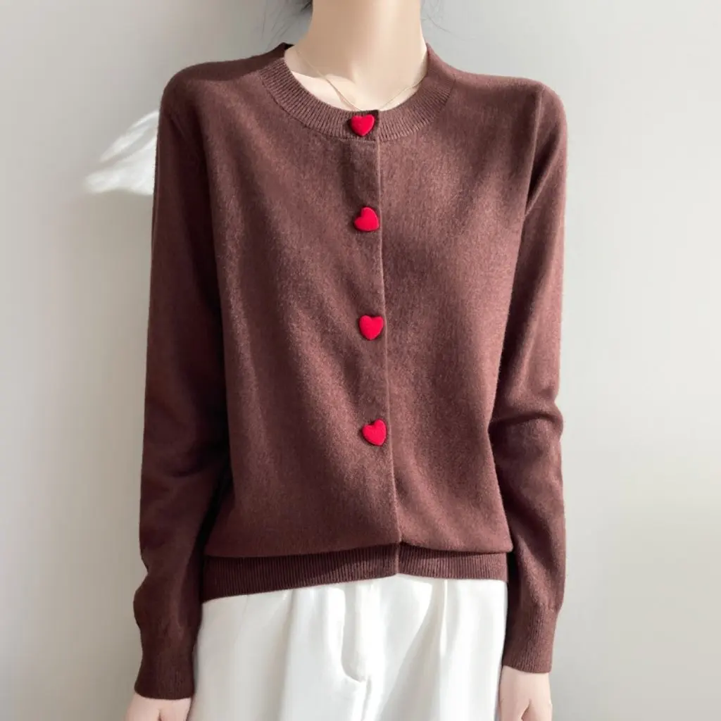 

Sweet Style Knitted Andy Fleece Open Cardigan Women's Long Sleeve Round Neck Spring New Design Heart Buckle Jacket Top