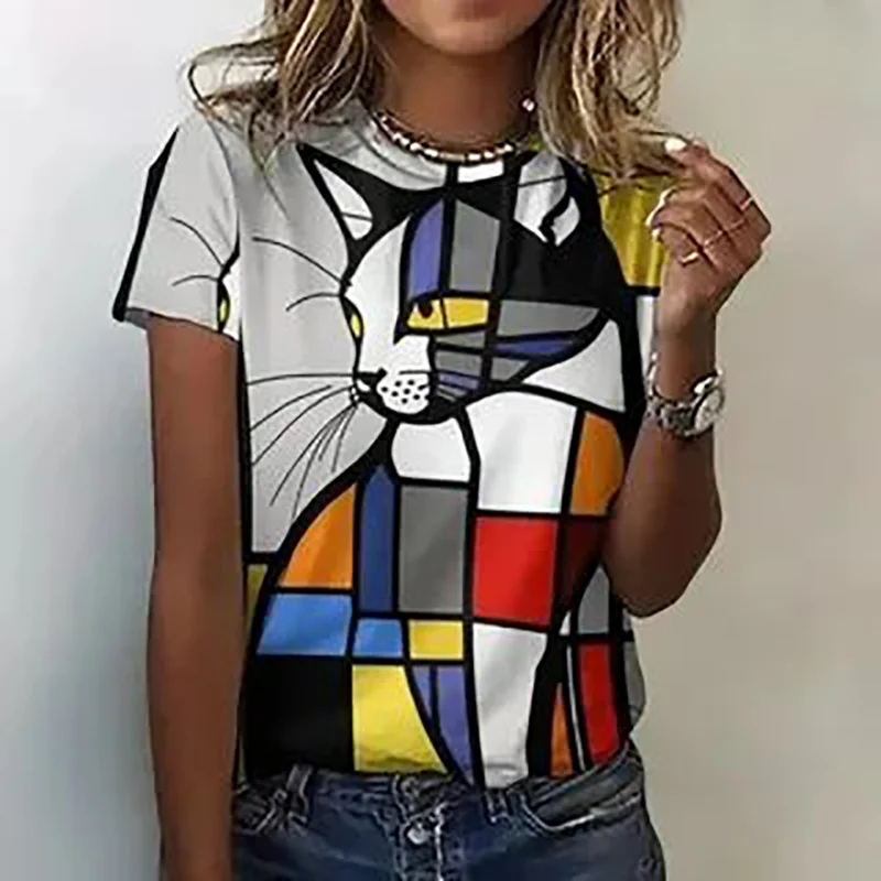 Koszulki z kreskówkowym kotem Vintage Geometryczny Nadruk 3D Damska Koszulka z Krótkim Rękawem z Okrągłym Dekoltem Harajuku Y2k Top Casualowe T-shirty Odzież Damska