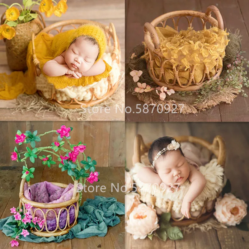 Newborn Photography Props Retro Rattan Basket Chair Infant Photo Recien Baby Girl Boy Posing Bed Background Photography Accessor