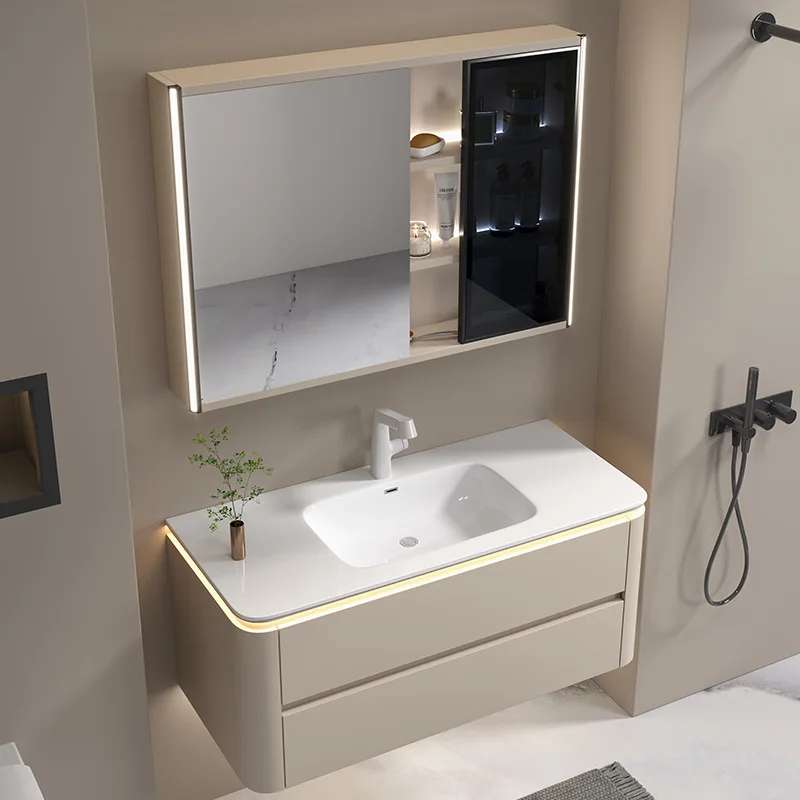 New bathroom cabinet, ceramic integrated basin, bathroom intelligent circular solid wood washbasin, hand wash basin cabinet