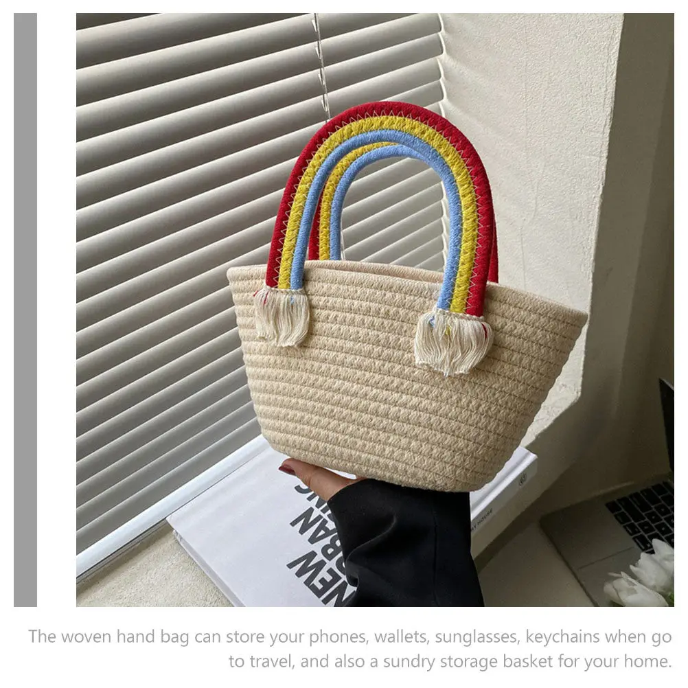 

Плетеная сумка-тоут из хлопкового каната с радужной ручкой в богемном стиле, большая вместимость, портативная, для женщин, для лета, пляжа, путешествий, хранения