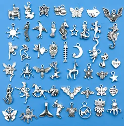 Mix 50pcs/Set Zinc Alloy Antique Silvery Animal Styling Charms DIY Vintage Bracelet Pendant Necklace Accessories Jewelry Making