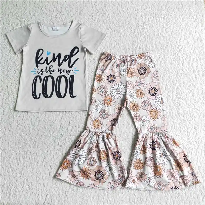 

Wholesale Baby Girl Kind Is The New Cool Clothes Children Flower Set Kid Short Sleeve Top Floral Bell Bottom Pants Infant Outfit