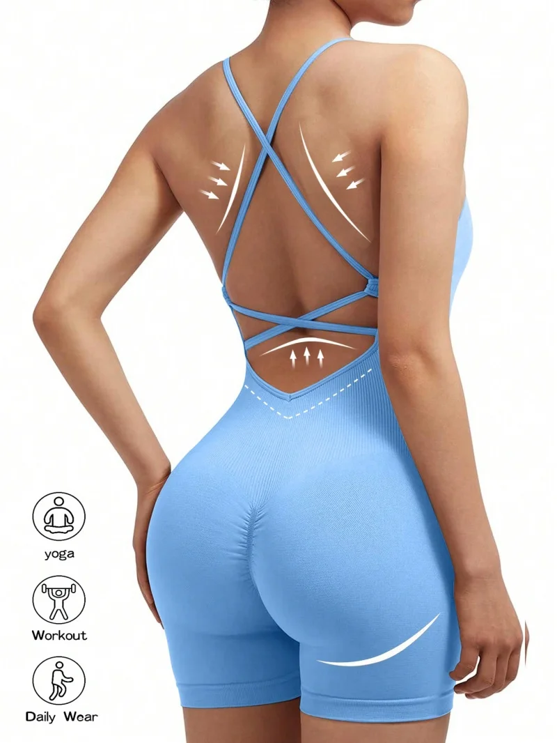 Mono deportivo Sexy para mujer, mono deportivo ajustable cruzado para correr, traje de Yoga de una pieza, pantalones cortos sin espalda, pelele