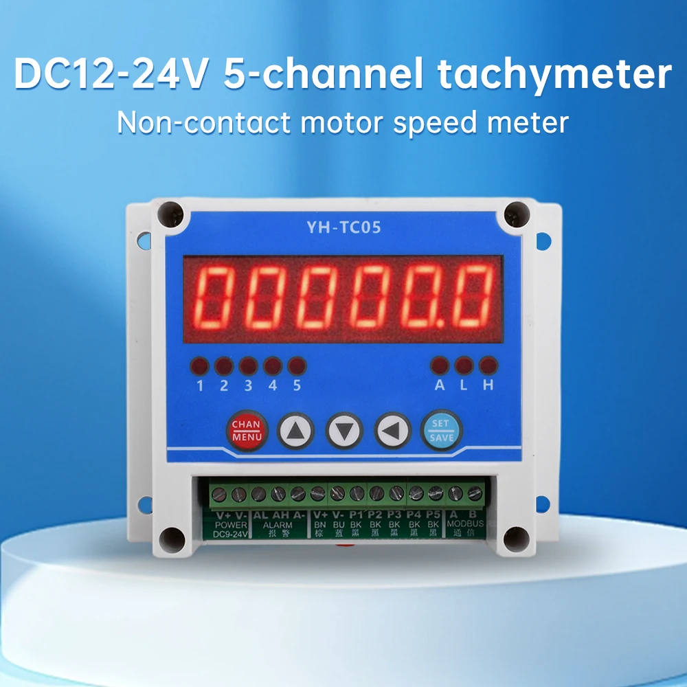 DC12-24V 5-Channel Tachometer Non-Contact Motor RPM Tachometer Hall Sense Stop Meter with for Modbus Function