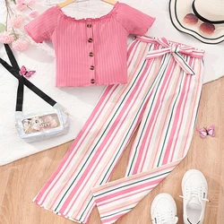 Two Piece Summer Girl Cute And Fashionable Button Up Cardigan Short Sleeved Striped Pants Daily Casual Birthday Party Set