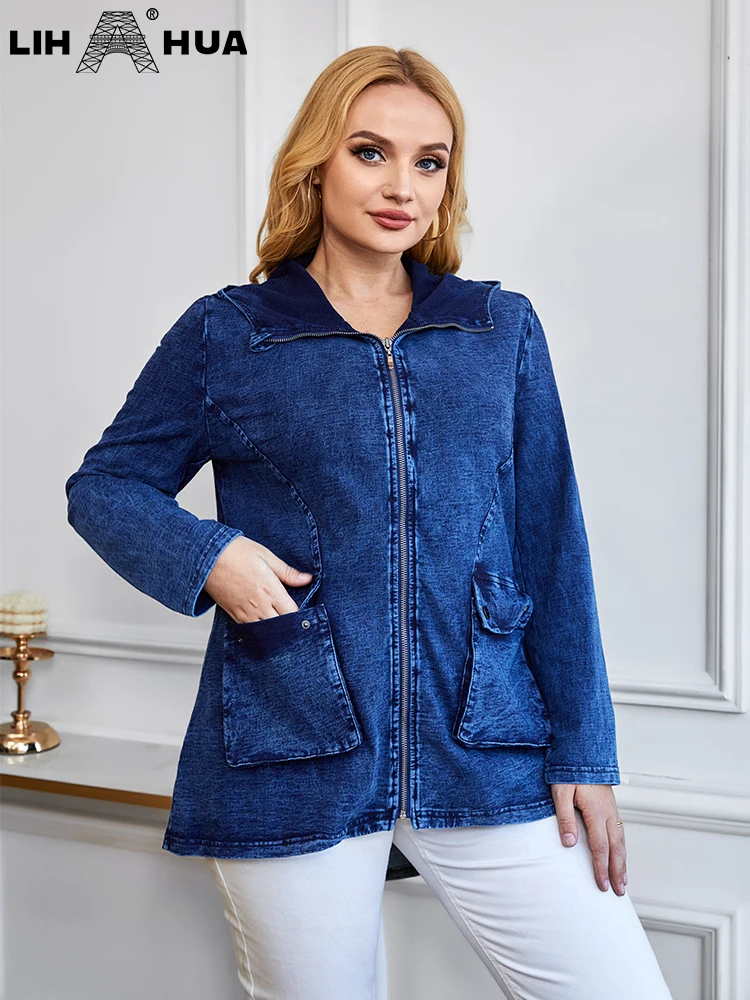 LIH HUA Frauen Plus-Size-Jeansim-Jacke Herbst Fashion-elegante Jacke für Frauen Langarm-Baumwoll-Strickkappe