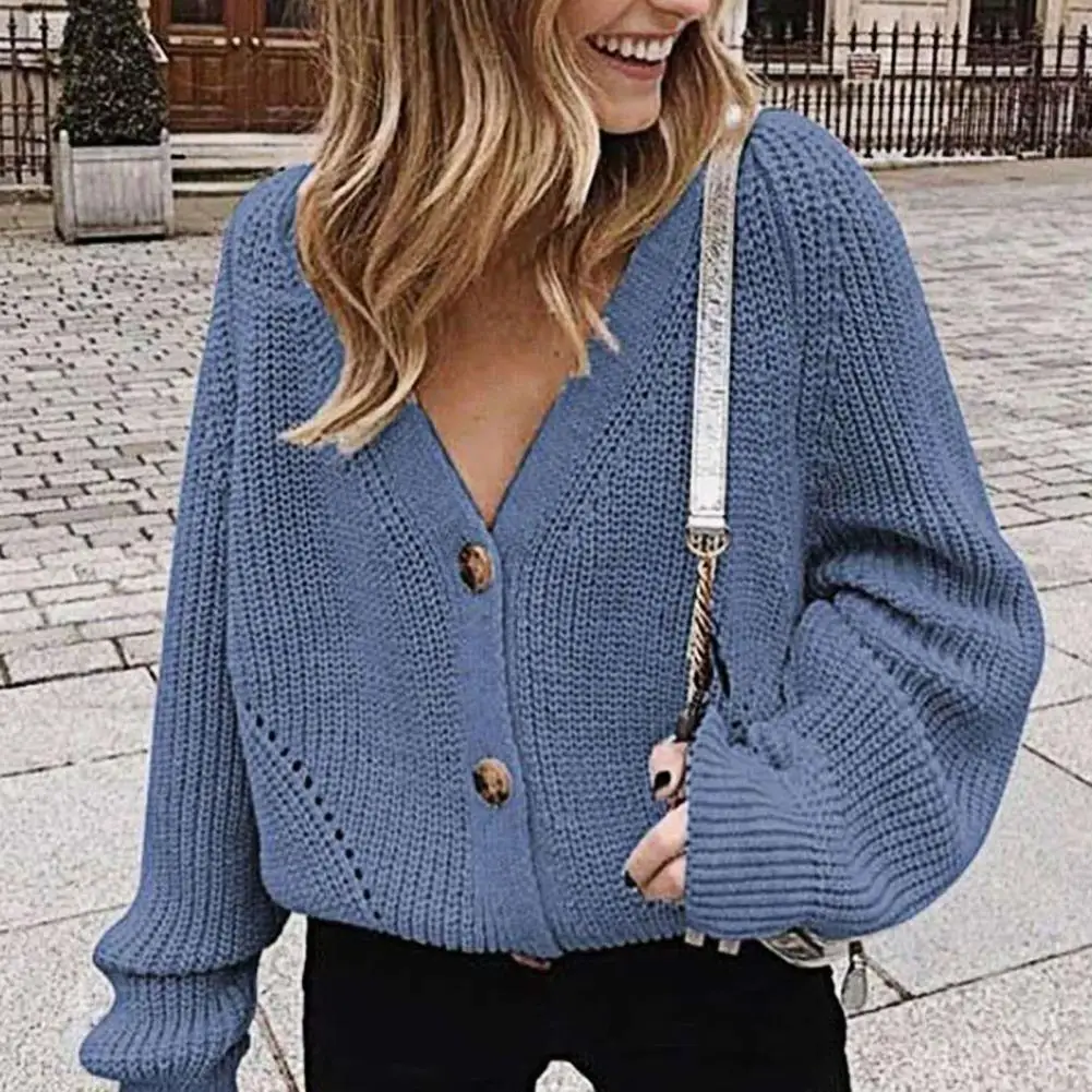 Knitted Cardigan Sweater Women Autumn Fashion Casual Long-sleeved Jacket V-neck Button Solid Color Top 2024