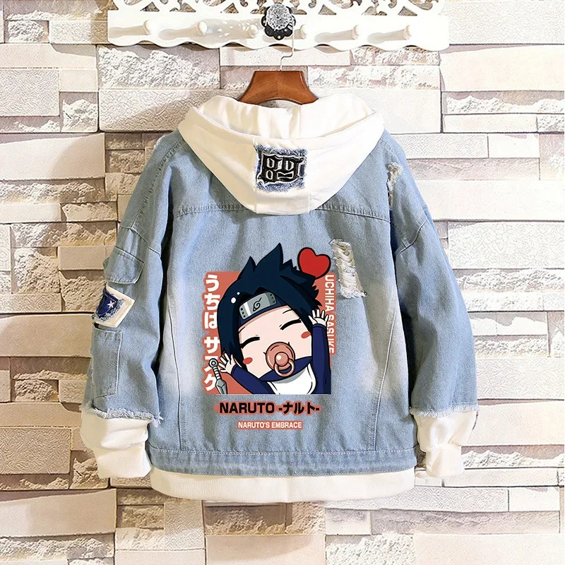 Anime Naruto Giacca bomber in denim Sasuke Felpa jeans con cappuccio Felpa con cappuccio cosplay con foro strappato unisex Giacca in denim a maniche lunghe regalo