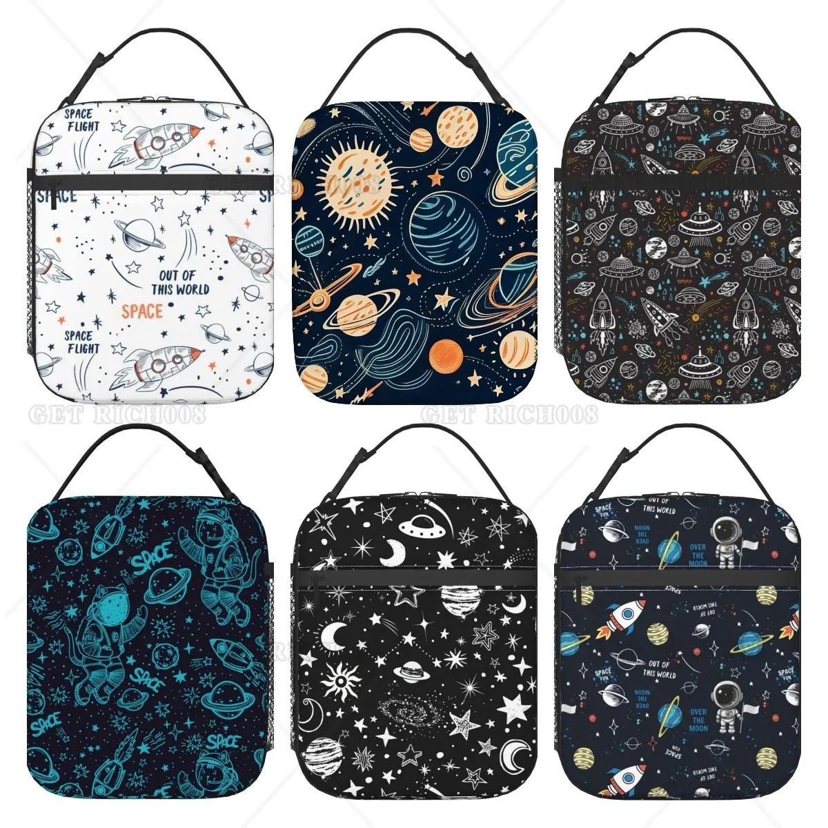 Cartoon Space Rocket Planets Stars Insulated Lunch Bag for Boys Lunch Box for Office Travel Meal Tote Bag for Women and Men