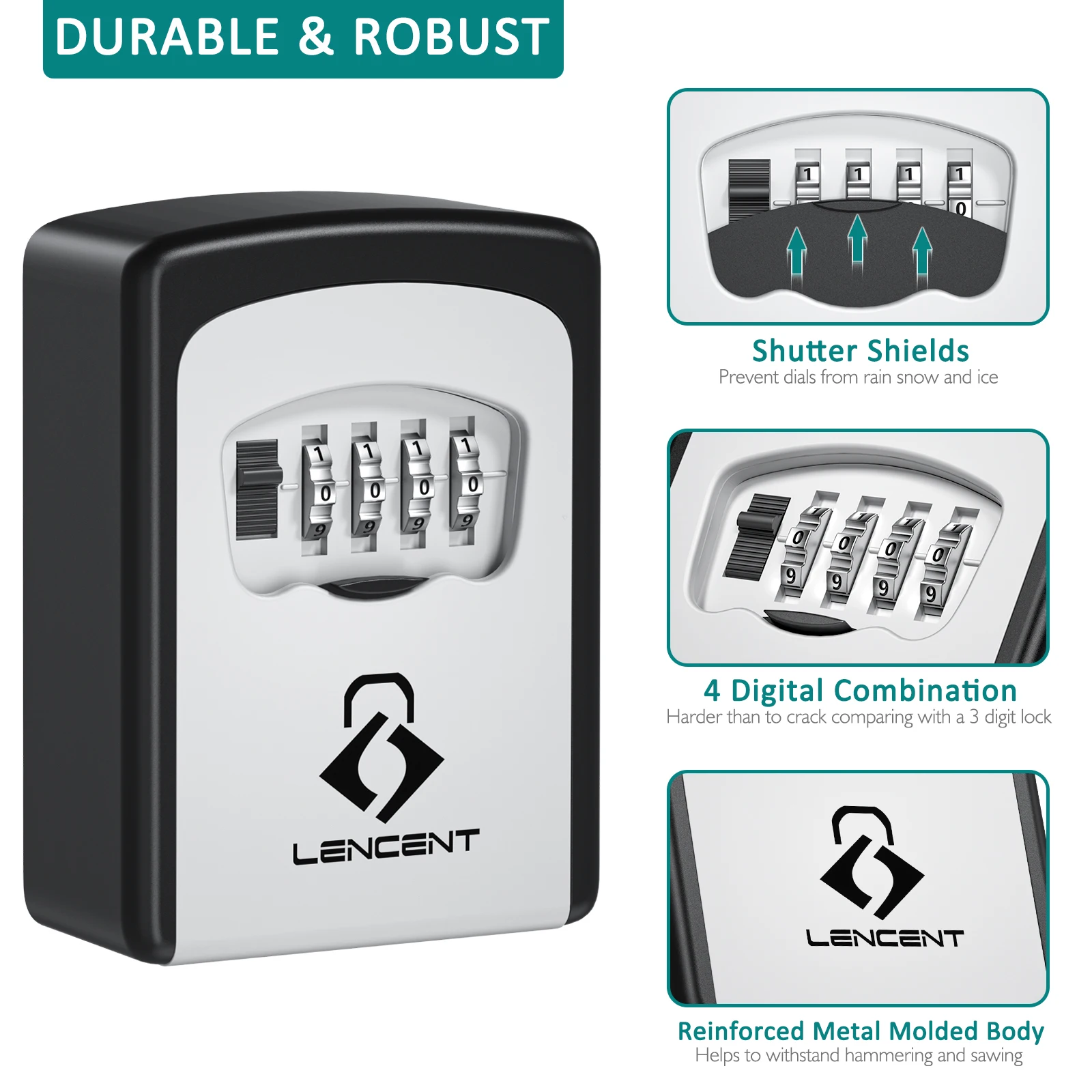 LENCENT  Password Key Box Outdoor Key Safe Lock Box Wall Mount Key Storage Secret Box Organizer 4 Digit Combination Password Box