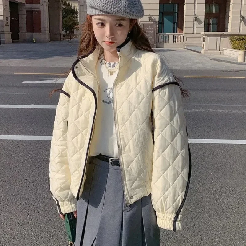 겨울 뉴 다운 코튼 자켓 루즈 한 통근자 스플 라이스 캐주얼 파카 여성 작은 향기 긴 소매 패딩 코트상의