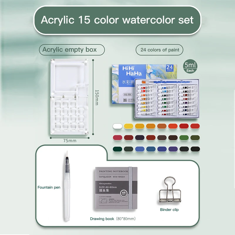 Mini kit de peinture aquarelle 12/24 couleurs, pigments portables, kit de peinture artistique de voyage avec clip, boîte à 8/15 compartiments, ensemble de couleurs miniatures