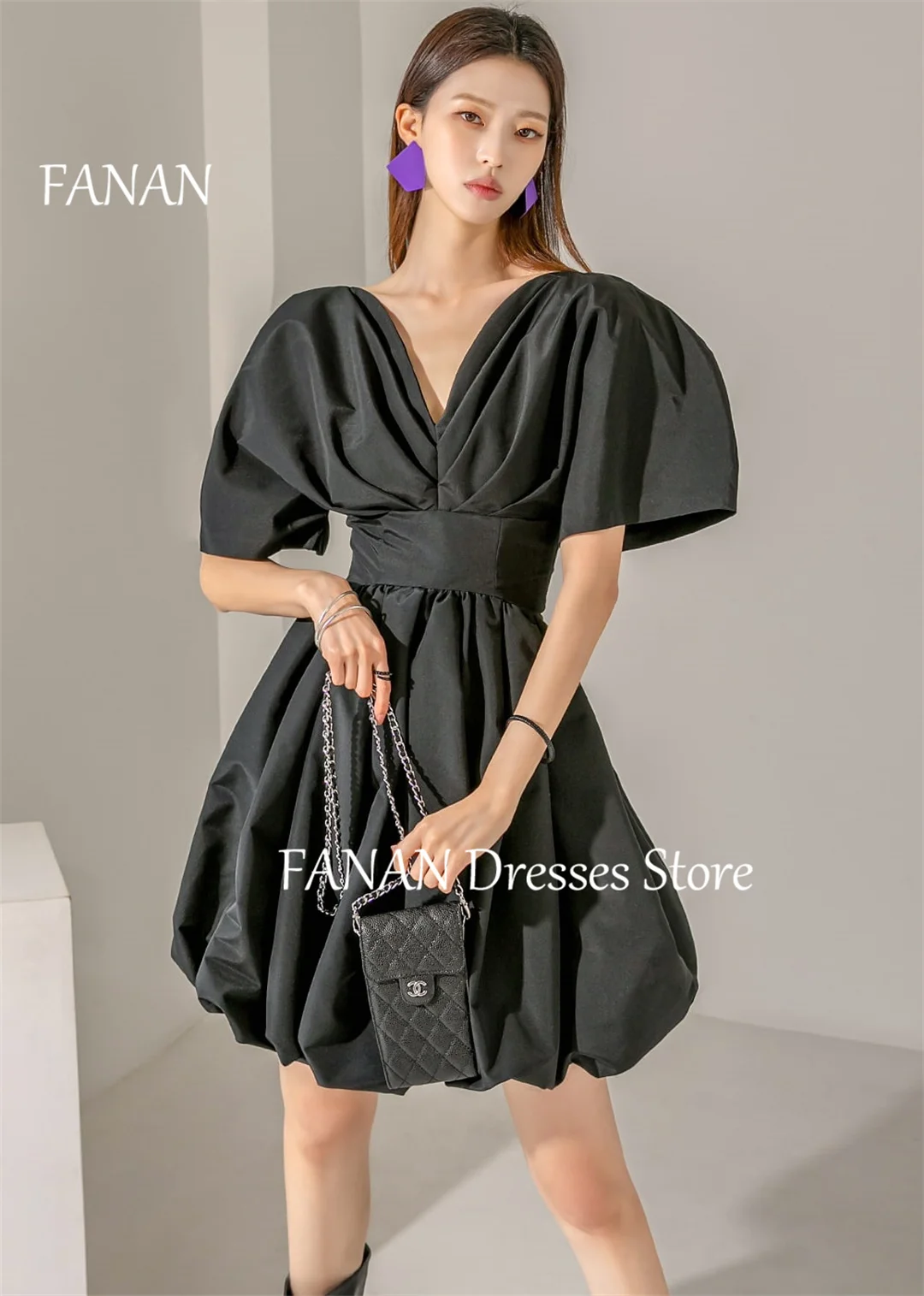 

FANAN Black Satin Fashion Vintage Evening Party Dresses Short Sleeve A-Line Japan Mini Short Women Formal Gowns Event Prom Gowns
