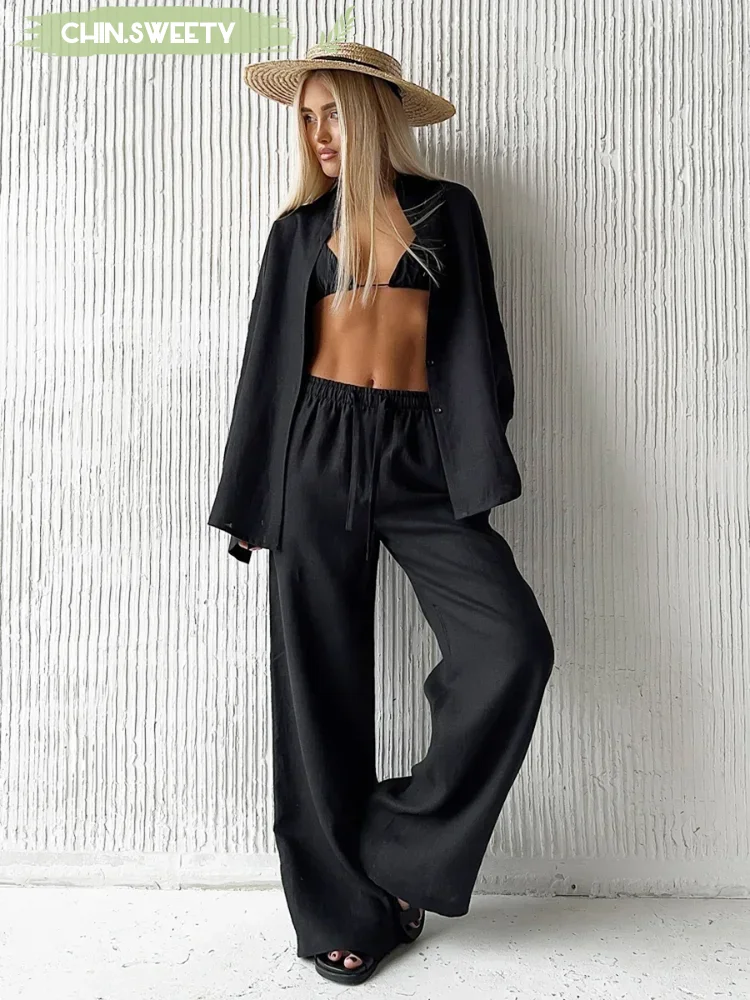 

Street Solid Cotton Linen Shirt Pants Suit Women's Daily Collar Long Sleeved Top Bottom Two Piece Set 2025 New Summer Daily Wear