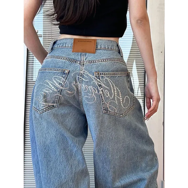 

Letter Rhinestone Jeans Women Denim Trousers Light Blue Wide Fit Straight Leg Elasticity High Waisted Wide Leg Pants Casual Wear