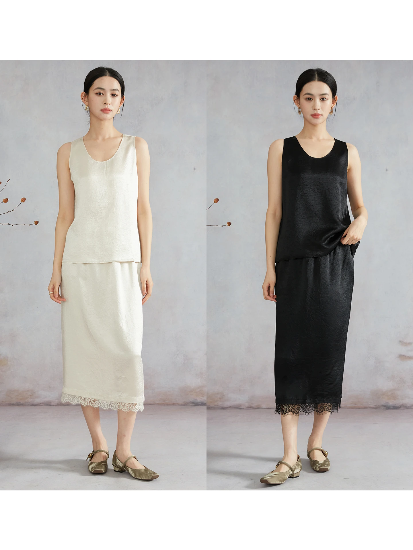 

Silviye Summer Lace Trim Tank Top And Skirt Set Women's Sleeveless Fashion Ensemble Silk round Neck Two-Piece Suit