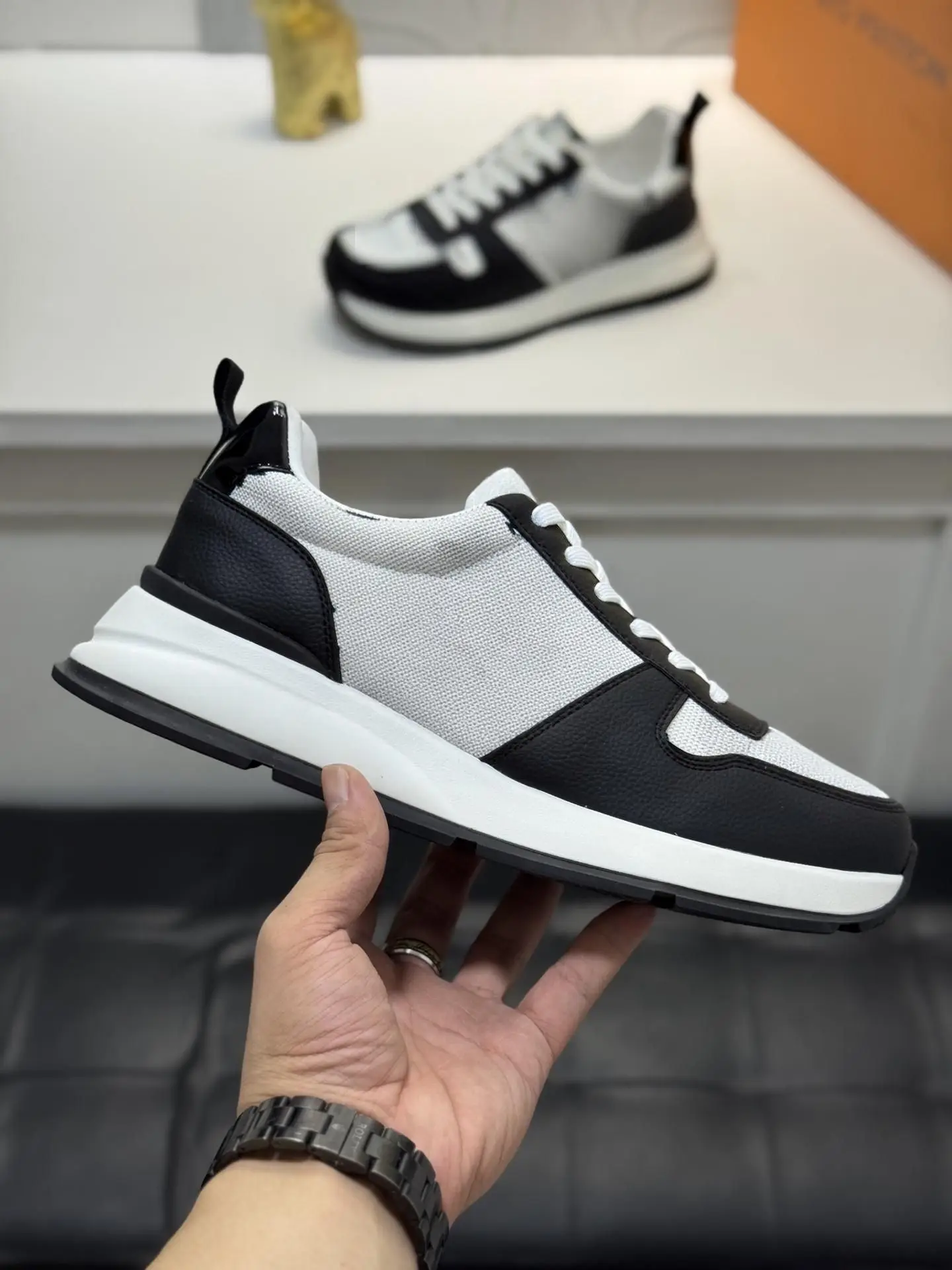 Unisex Black White Color Block Sneakers Canvas Faux Leather Splicing Lace Up Thick Sole Walking Shoes