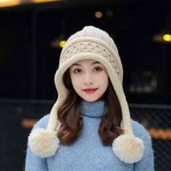 Women Winter Peruvian Cover Ears Beanie Hat Ear Flaps Sherpa Ski Snow Hats Knit Fleece Lined 3 Pom Pom