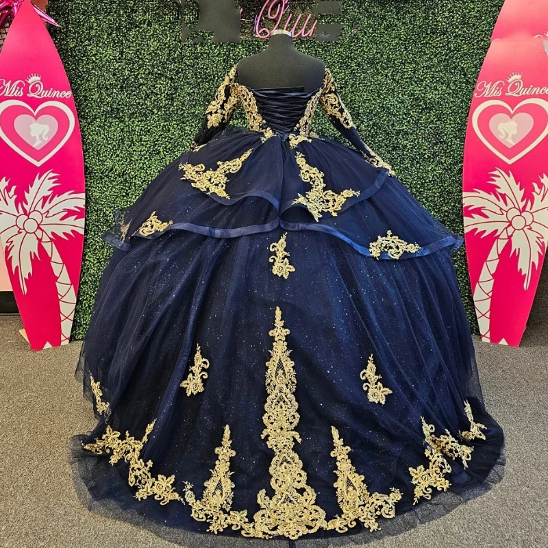 Navy Blue Quinceanera Dresses Ball Gown For 16 weet Girl Beading Gold Appliques Lace With Train Princess Dress Vestidos De 15