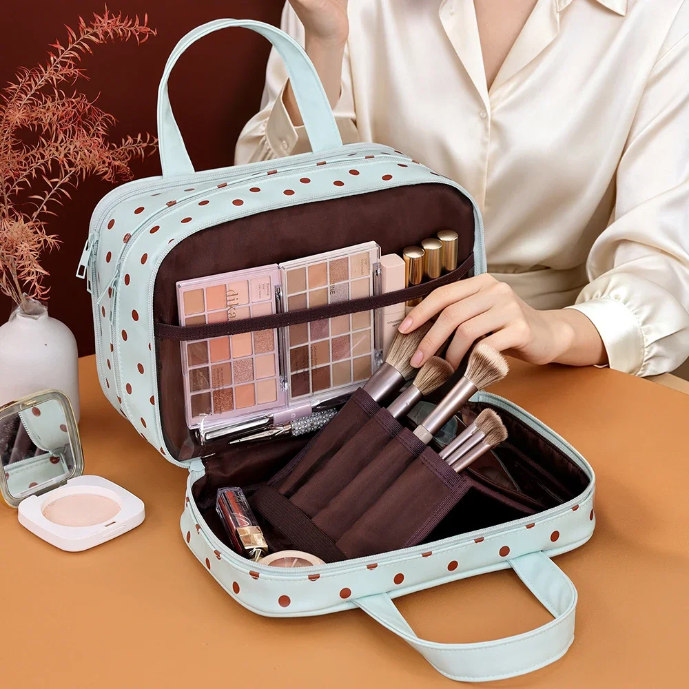 Gepunktete Kosmetiktasche mit großer Kapazität, wasserdichter PU-Reise-Toilettentaschen-Organizer, dreilagige Trennwand, Reise-Aufbewahrungstasche – Detail 12